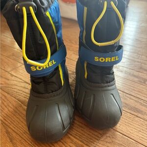 Sorel Kids' Black and Blue Snow Boots with Yellow Accents